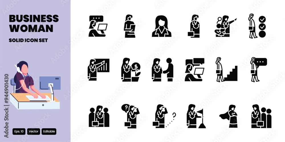 Poster business woman solid icon vector design good for web and mobile app