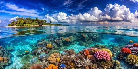 Beautiful panoramic view of a serene scene in the sea with colorful coral reefs and crystal clear water , sea