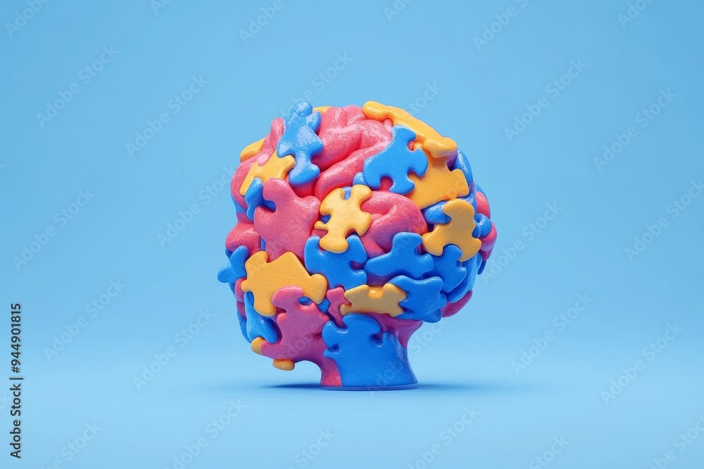 Poster 3d rendering of a puzzle brain with missing pieces on a blue background illustrating mental health c