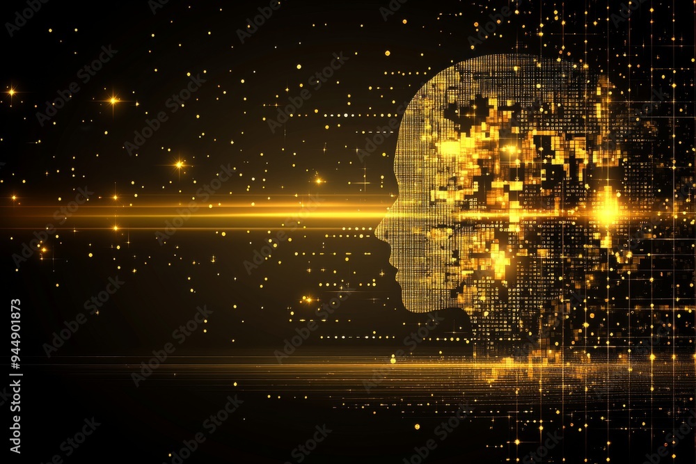 Poster golden digital head with glittering particles reflecting the intersection of technology and human th