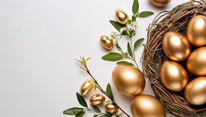 Golden Eggs in Nest with Spring Flowers on White Background