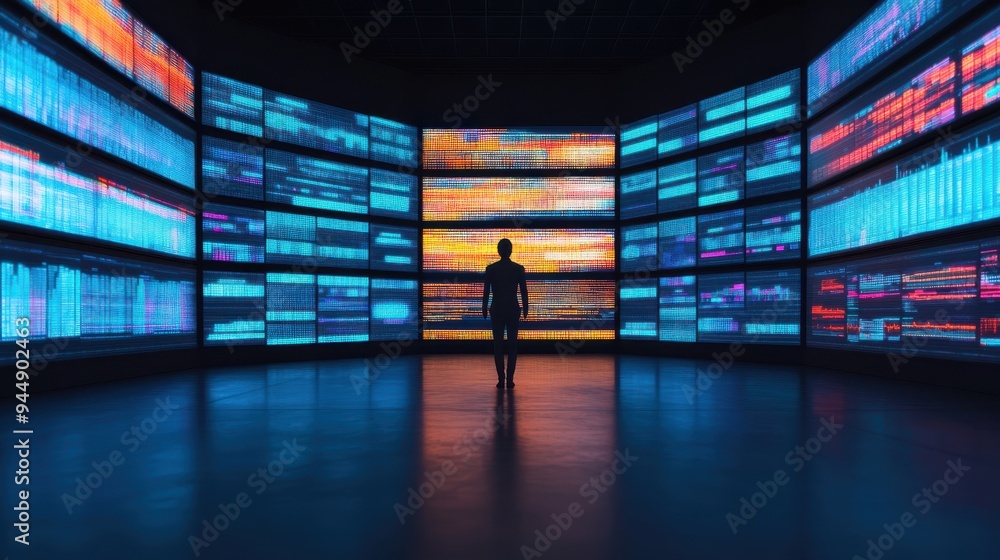 Poster a silhouette of a person surrounded by vibrant digital screens displaying data and analytics in a fu