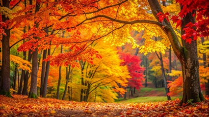 Obraz premium Vibrant autumn foliage in a maple forest, autumn, fall, leaves, colors, nature, outdoors, trees, foliage, red, orange