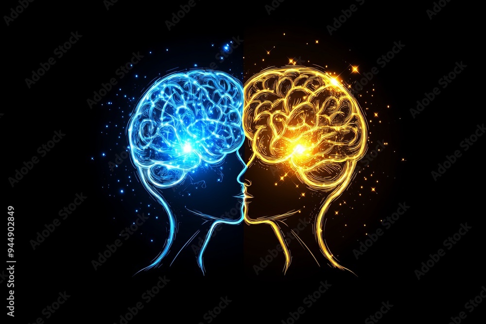 Poster dual silhouette brains with glowing neural networks depicting the synergy between logic and emotion 