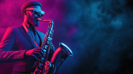 Fototapeta premium A stylish musician plays the saxophone in vibrant blue and pink lighting, capturing the essence of jazz and nightlife.