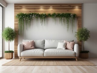 White Sofa in a Minimalist Living Room with Wooden Wall and Hanging Plants