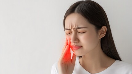 240805 191. A woman having pain at cheek in home. Buccal region inflamed due to trigeminal neuralgia and teeth clenching longtime. Health and medical concept isolated on white background,png