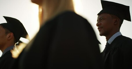 Graduation, applause and students at university for celebration, achievement and academic success. Education, school and happy men and women with sunrise for learning, studying and college ceremony