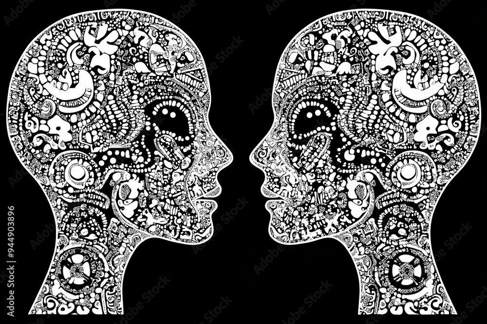 Aufkleber black and white intricate brain pattern illustration of two human profiles facing each other represe