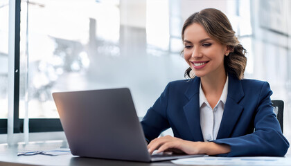 A woman is sitting at a desk with a laptop in front of her. She is smiling and she is enjoying her work