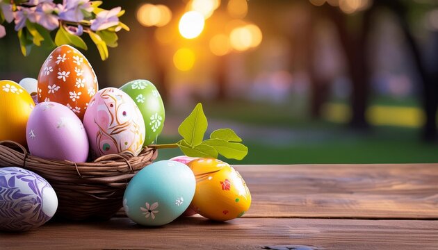 Colorful Easter Eggs in Nest on Wooden Table with Bokeh Background
