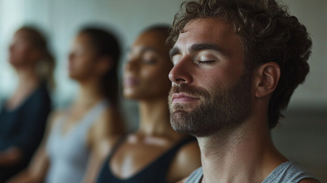 A group of individuals practicing mindfulness and meditation in a serene studio during a calm evening session