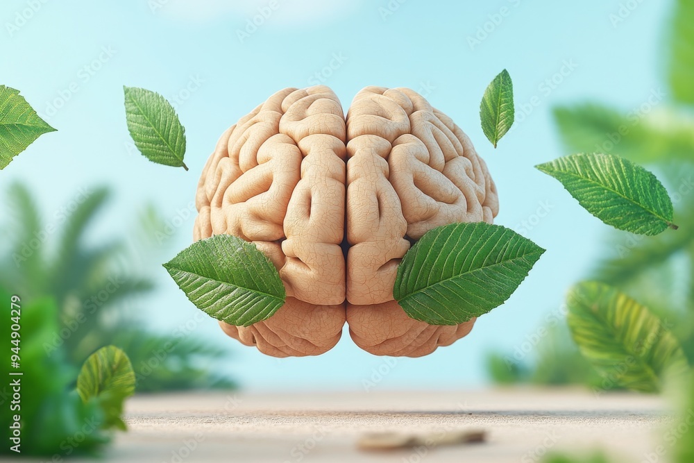 Aufkleber floating brain with leaves in a natural setting representing growth healing and the intersection of 