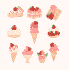 Set of drawings of sweets with strawberries. Cheesecake, cake, pancakes, ice cream, waffle. Flat vector illustration.