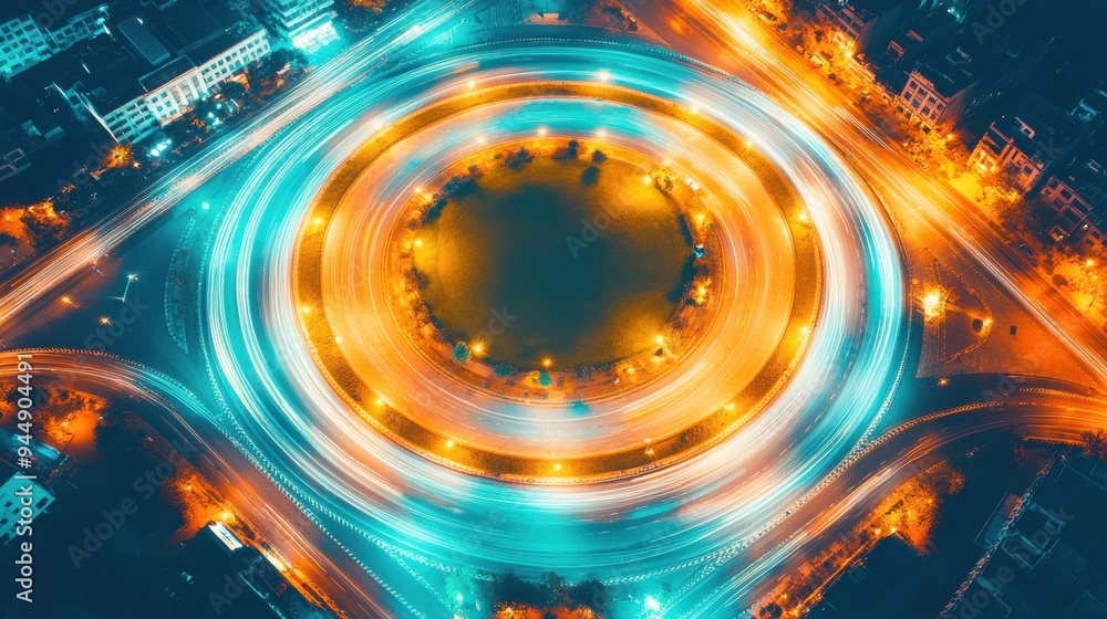 Poster aerial view of a vibrant urban roundabout at night, illuminated with colorful lights and dynamic tra