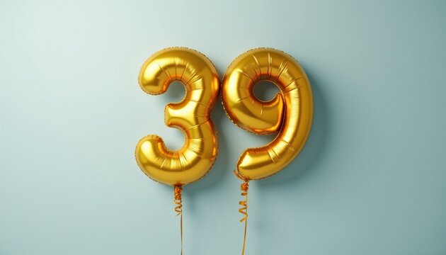 Banner with number 39 golden balloon with copy space. Thirty-ninth birthday celebration on a solid color background.
