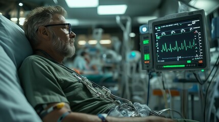 Elderly patient with breathing tube in intensive care unit, critical condition monitoring, hospital life support scene, senior healthcare crisis portrait