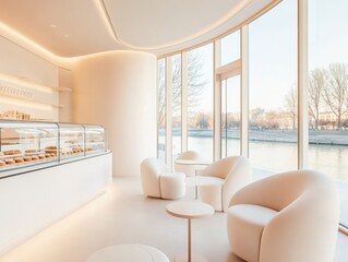 Bright and modern cafe interior featuring elegant furniture and a view of the serene waterfront.