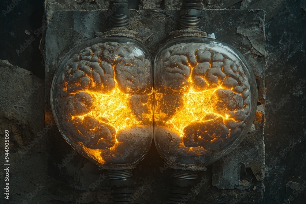 Poster two glowing brain halves with fiery interiors representing intense thought processes creative energy