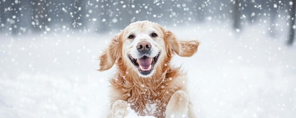 Cheerful golden retriever enjoying a snowy day, running joyfully through the winter landscape with a playful expression.