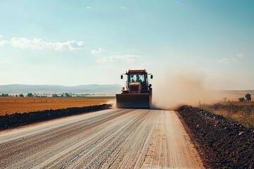 Obraz premium The road paving machine works in a rural area, paving a new road through open fields. Dust rises in the distance