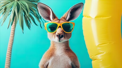 Trendy Kangaroo with Sunglasses and Inflatable Palm Tree - Perfect Poster for Vibrant Sports Interior and Fun-Loving Spaces!