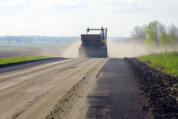 Fototapeta premium The road paving machine works in a rural area, paving a new road through open fields. Dust rises in the distance