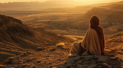 Solitary Silhouette Admiring Majestic Desert Landscape at Sunset