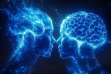 Digital Neon Silhouettes of Two Faces Highlighting the Electric Connection Between Minds and the Power of Thought in a Futuristic Visualization