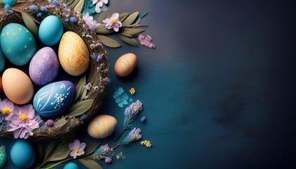 Easter Eggs Nestled in a Floral Wreath on Blue Background