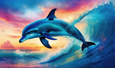 A dolphin leaps over a breaking wave during a colorful sunset