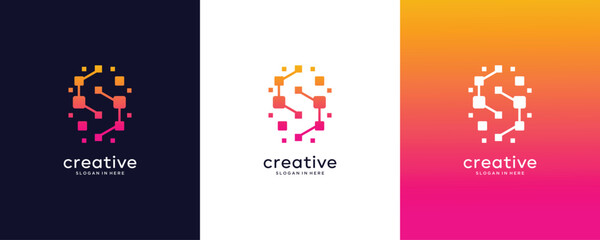 Abstract Digital technology with initial letter S pixel logo design and business card or initial C for symbol tech, internet, system,Artificial Intelligence and computer. inspiration 