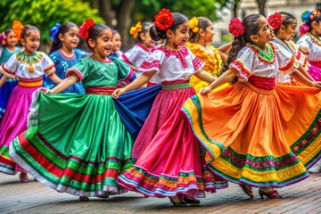 Naklejka premium A group of children learning traditional Hispanic folk dances, dressed in bright, flowing skirts and embroidered blouses.