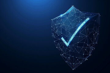  Polygonal wireframe shield with check mark on dark blue background