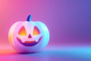 Neon lit jack o' lantern pumpkin against vibrant pink and purple background, Halloween concept