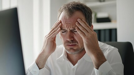 240805 202. A man experiencing discomfort on forehead while at office cubicle. Frontal bone irritated due to sinus headache and constant air conditioning exposure longtime. Health and medical concept