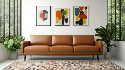 Stylish brown sofa in modern living room with artistic wall decor and green plants, creating a cozy ambiance.