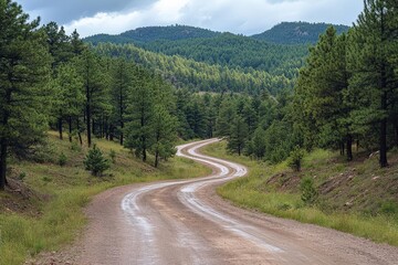 Fototapeta premium Dirt road winding through pine forest, rugged and wild