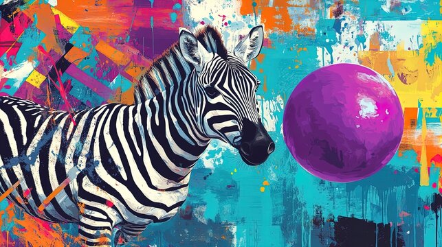 Whimsical Zebra on a Purple Balloon: A Colorful Urban Graffito Perfect for Sporty Posters and Vibrant Room Decor