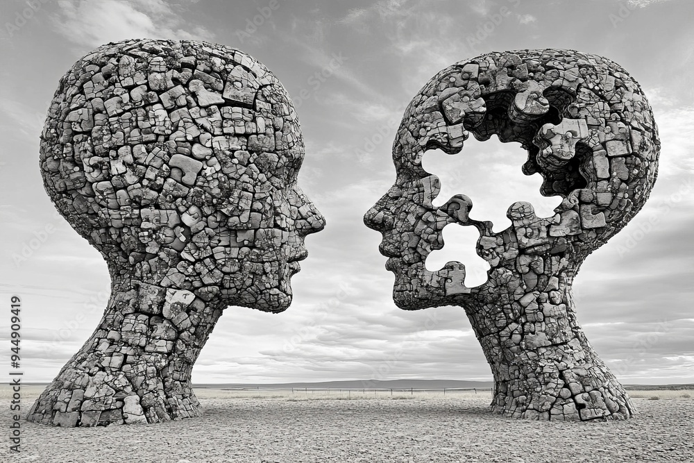 Poster black and white puzzle patterned profiles facing each other representing the complexity of human tho