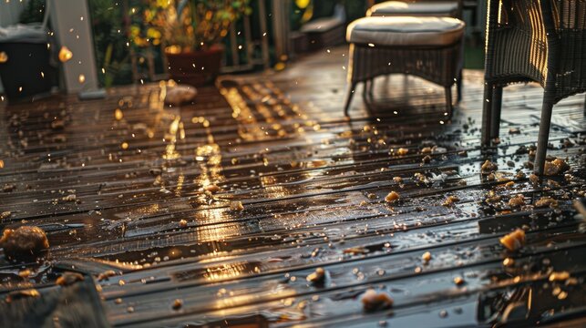Damage from a hailstorm on a wooden deck highlighting the impact on outdoor furniture and the surrounding area, with hailstones noticeably spread over the wet surface among the patio items. - Powered by Adobe