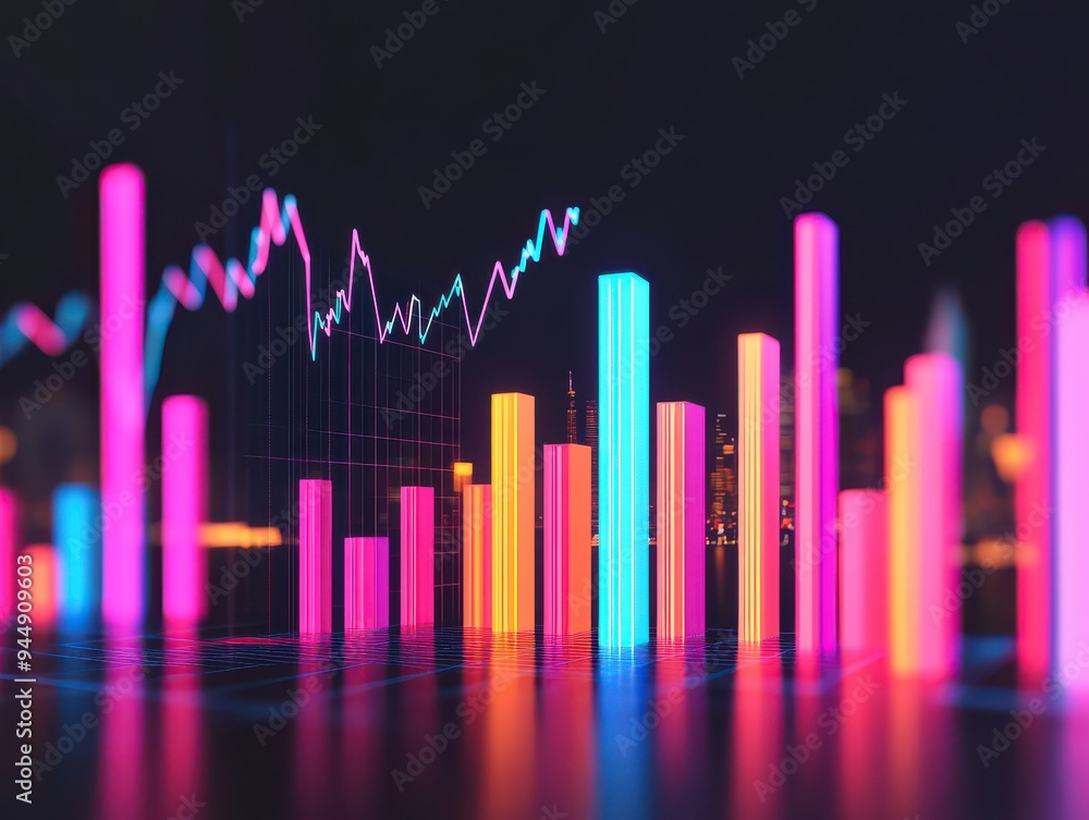 Poster vibrant neon bar charts represent dynamic financial data analysis and market trends in a modern digi