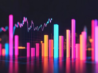 Vibrant neon bar charts represent dynamic financial data analysis and market trends in a modern digital environment.