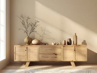 Modern Wooden Sideboard with Decorative Accents in Minimalist Room Setting