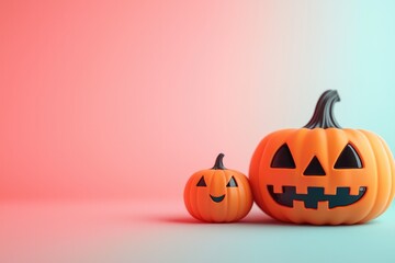 Cheerful Halloween pumpkins on pink background