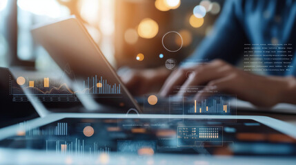 Businessperson typing on laptop with digital overlay, modern technology and data analysis concept, financial market trading visualization, corporate digital transformation