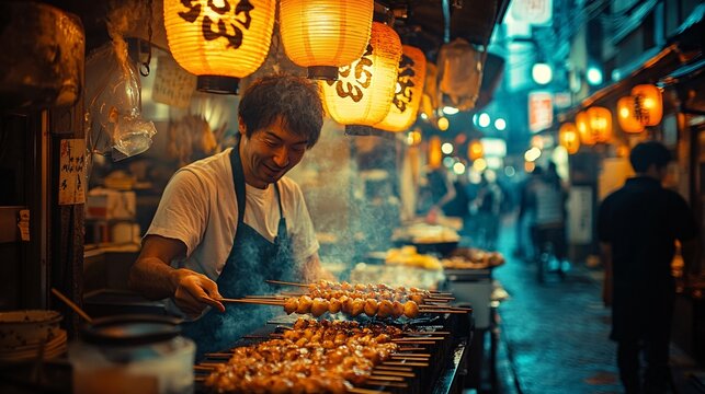 Naklejki Chef Grilling Skewers in Tokyo Alleyway