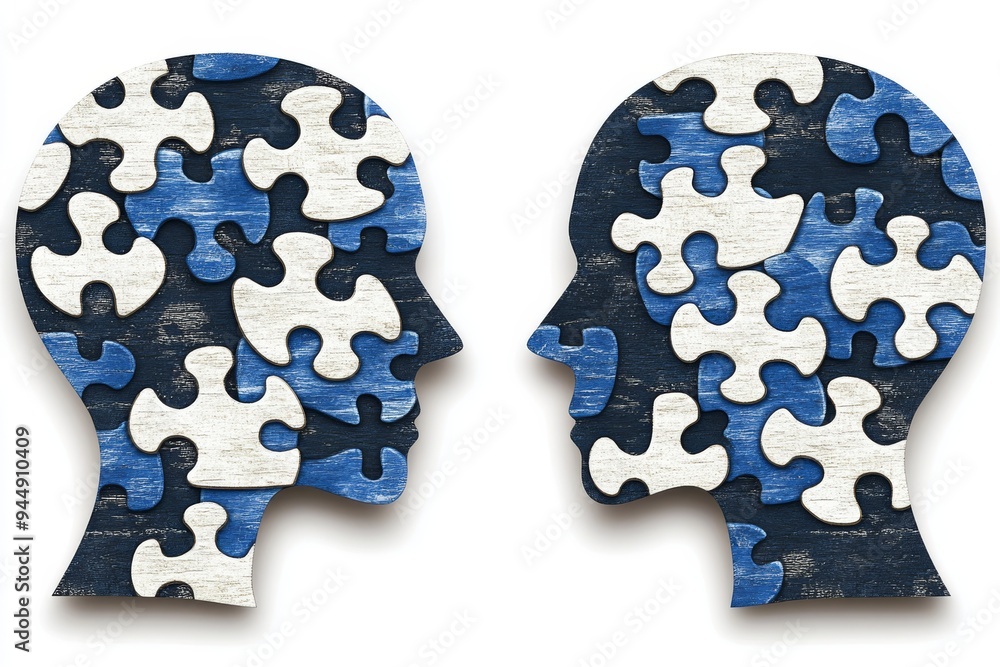 Poster puzzle patterned silhouettes of two heads facing each other representing cognitive communication pro