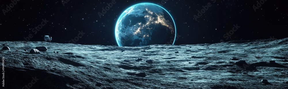 Leinwandbilder moon surface with a spacecraft depicted in a 3d cartoon rendering featuring planet earth in the back