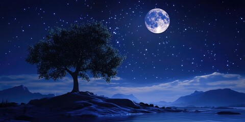 Beautiful landscape under a starry night sky with a full moon in a 3D cartoon rendering
